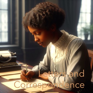 An African American woman in period 1920s clothing sits at a desk composing a letter.